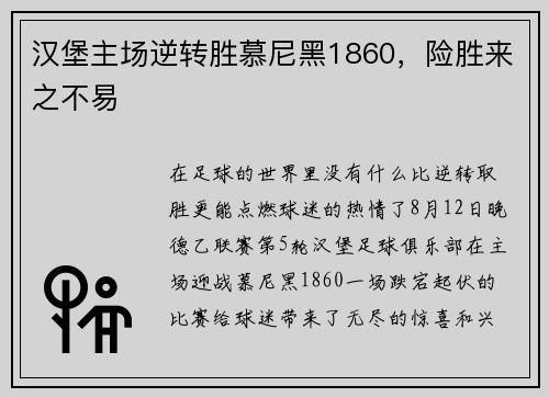 汉堡主场逆转胜慕尼黑1860，险胜来之不易