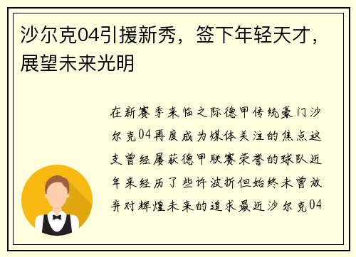 沙尔克04引援新秀，签下年轻天才，展望未来光明
