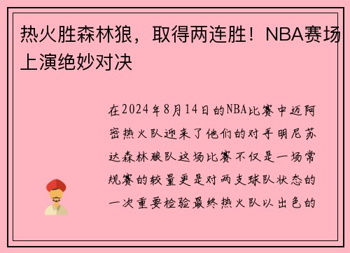 热火胜森林狼，取得两连胜！NBA赛场上演绝妙对决